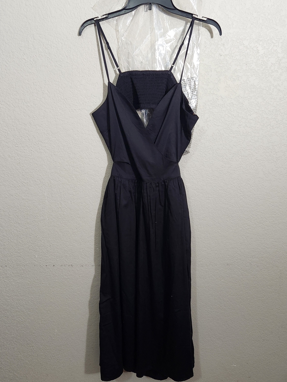 Black Spaghetti-Strap Midi Dress with Smocked Back
